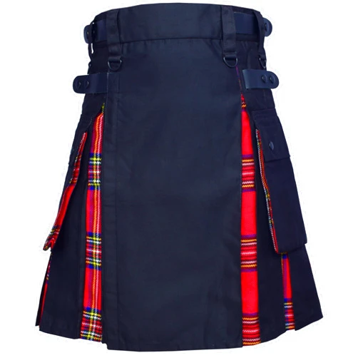RIMSH LLC Men's Hybrid Black Cotton & Tartan Utility Kilt for Men Plus Size Kilts with Leather Straps