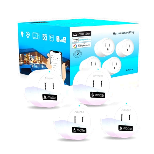Amysen Matter Smart Plug,Smart Plugs Work with Alexa, Apple Home, Siri, Google Home, SmartThings, Smart Outlet 10A/1250W Max, Matter Smart Home , APP Remote Control, 2.4G Wi-Fi Only