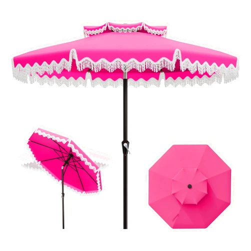 AreShark 9FT Patio Umbrella with Fringe, Wind-Resistant Fiberglass 8 Ribs Tassel Outdoor Umbrella with Crank and Push Button Tilt, Double Tier Vent Sun Shade for Pool, Deck, Backyard, Rose Pink
