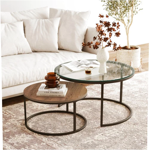 Nathan James Stella Round Modern Nesting Coffee Set of 2, Stacking Living Room Accent Tables, Rustic Oak/Gunmetal/Clear Glass