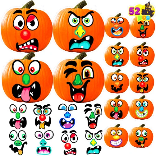 JOYIN 52 Pcs Halloween Pumpkin Stickers, Party Favors for Kids, Art Crafts Party Supplies, Pumpkin Decorating Stickers, Jack-O-Lantern Face Sticker Sheets for Classroom Activities Games Goodies Gifts