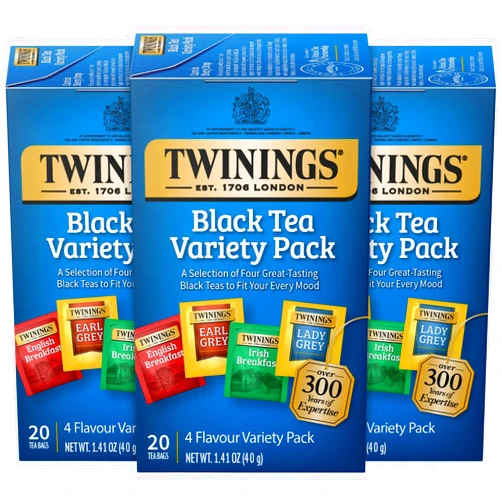 Twinings Black Tea Variety Pack with Earl Grey Tea, English Breakfast Tea, Irish Breakfast Tea, and Lady Grey Tea Bags, Individually Wrapped, 20 Count Ea (Pack of 3)