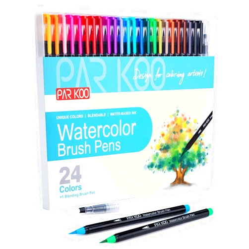 ParKoo Watercolor Brush Pens, 24 Colors Flexible Real Nylon Brush Tip Pens for Watercolor Painting, 1 Blending Brush, Paint Markers for Artists and Beginner Painters Coloring Books, Calligraphy