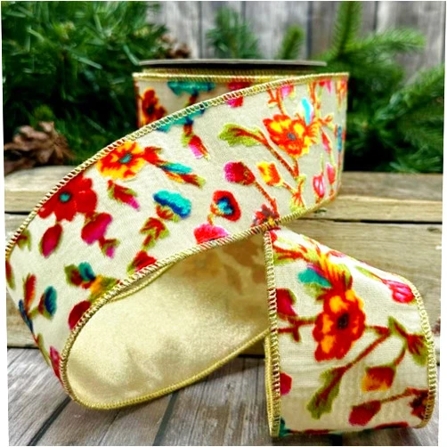 D. Stevens Fine Ribbon Floral Print Velvet Ribbon - Hot Pink/Yellow/Teal - 2.5