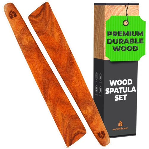 WOODENHOUSE LIFELONG QUALITY 12 inch Teak Wood Spatula for Cast Iron, Small Wood Flipper, Egg Scraper, Flat Wooden Turner, Multipurpose Wood Cooking Utensil, Spatulas Perfect for Flipping, Serving, Scraping & Turning. Set of 2