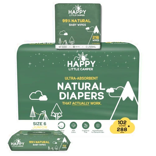 Happy Little Camper Ultra-Absorbent Natural Baby Diapers Size 6 - Hypoallergenic, Unscented & Chlorine-Free Disposable Diapers (102 Count) Come with Natural Baby Wipes (288 Count) for Sensitive Skin