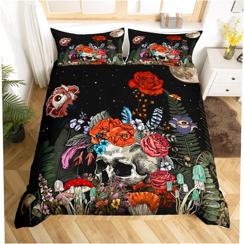 Erosebridal Sugar Skull Bedding Set,Botanical Flower Duvet Cover for Kids Boys Girls Home Decor,Starry Sky Comforter Cover with Zipper Clousure Halloween Gothic Quilt Cover 2Pcs,Twin Size