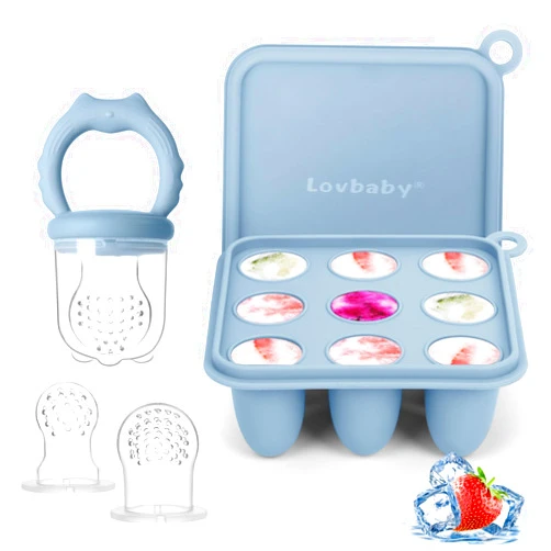 Lovbaby Baby Fruit Food Feeder & Breastmilk Popsicle Molds, Silicone Baby Food Freezer Tray for Cooling Teething Relief, Baby Food Feeder for Safe Infant Self Feeding, includes 3 Extra Food Pacifier