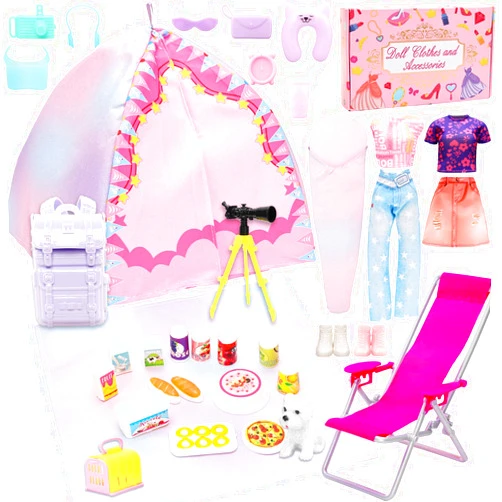 HONLAELLA 34 Pcs Doll Travel Camping Tent Playset for 11.5 Inch Girl Dolls Includes Clothes, Tent, Telescope, Backpack, Sleeping Bag & Other Camping Accessories for Dolls Travel Camping Toy Set（NO Doll）