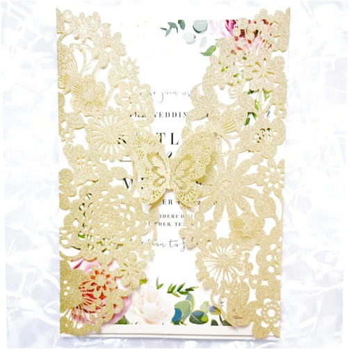 Jofanza 5''x7.3'' 50PCS Champagne Laser Cut Wedding Invitation Cards with Butterfly and Envelopes Customized Printed Invitations Card for Quinceañera Birthday Party Invites (Champagne / Light Gold Glitter)
