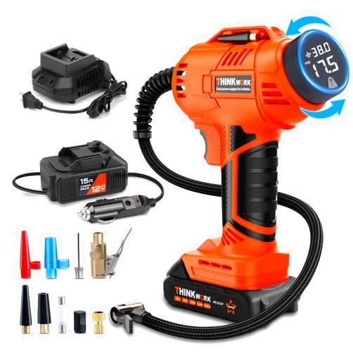 THINKWORK Tire Inflator Portable Air Compressor, Cordless Car Tire Pump with 20V Rechargeable Battery, 12V Car Power Adapter, Digital Pressure Gauge, 150 PSI Handheld Air Pump for Car, Motorcycle, and Bike