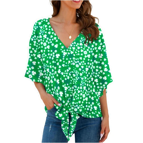 VIISHOW Womens Tie Front Chiffon Blouses V Neck Batwing Short Sleeve Summer Floral Tops Shirts