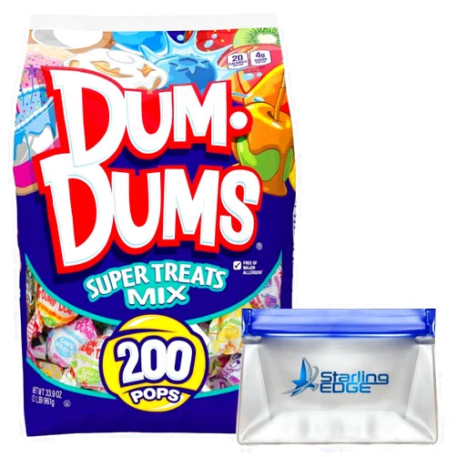 STARLING EDGE Candy Mix Variety Pack Bundle With 200ct- Dum Dums Lollipops Super Treats Mix and a Starling Edge Reusable Leakproof Silicone Food Storage Bag. Limited Edition DumDums Lollipop Flavors.