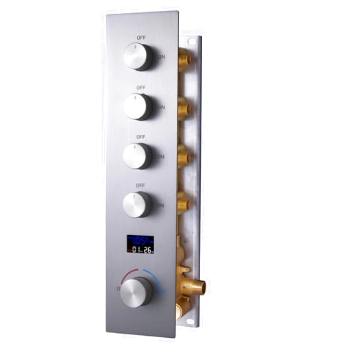 WHSHOWER Solid Brass 4 Way Temperature Display Shower Diverter Valve Shower Mixer Valve with Flow and Temperature Control Shower Mixer Rough-In Valve and Trim Kit Replacement, Brushed Nickel