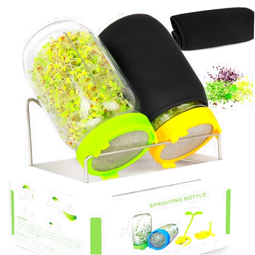 Kitmiido Seed Sprouting Kit, 2 Large Wide Mouth Mason Jars with Sprout Lids, Blackout Sleeves, Drain Tray, Stainless Steel Stand, Sprouts Growing Kit for Bean, Broccoli, Alfalfa (Yellow+Green)