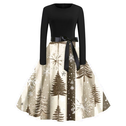 AMXYFBK Christmas Dresses for Women Round Neck A-Line Flare Dress with Belt 2024 Xmas Print Long Sleeve Cocktail Party Dress