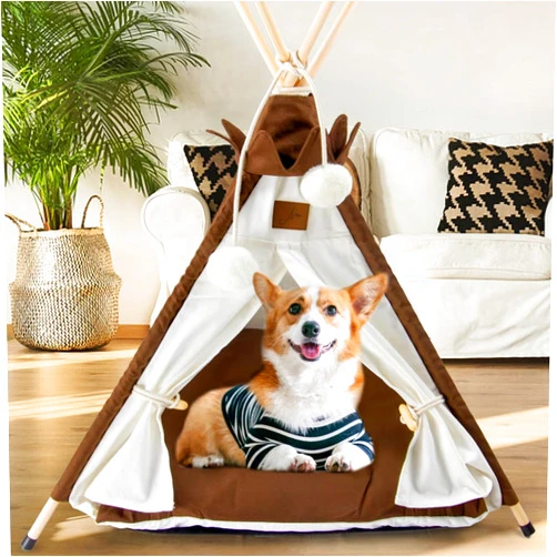 Asou Dog Teepee Pet Tent Portable Dog Houses Puppy Teepee Cat Bed with White Brown Thick Cushion