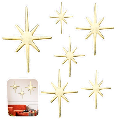 Blulu 6 Pcs Gold Cast Iron Starburst Wall Hangings Metal Mid Century Modern 8 Pointed Stars Easy Install Starburst Wall Decor for Vintage and Eclectic Elegant Decor Indoor Outdoor Home Accent Pieces