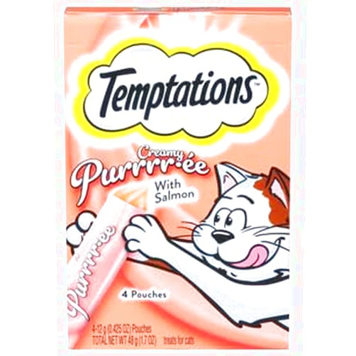 Temptations Creamy Puree with Salmon Lickable, Squeezable Cat Treats, 0.42oz Pouches, 4 Count (Pack of 1)