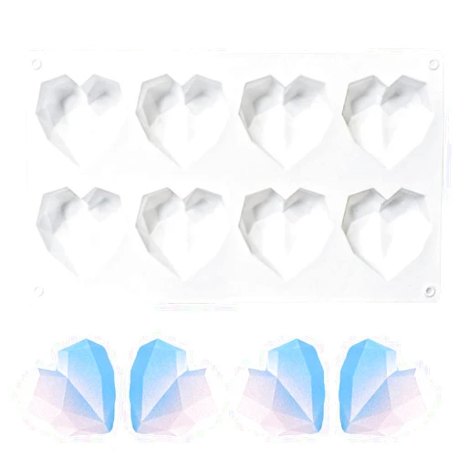 Yuntop 8 Grid Diamond Heart Silicone Cake Chocolate Mold Silicone Baking Pan Mold for DIY Cake Mousse Dessert 3D Diamond Love Heart Shaped Mould for Candy Fondant Ice Cream Soap Cupcake Cheesecake Jelly