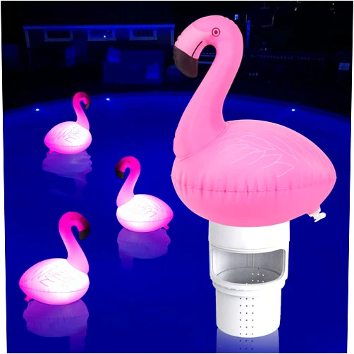 Uekars Pool Chlorine Floater, Inflatable Flamingo Chlorine Tablet Floater with Solar Lights, Easy Opening Flamingo Floating Pool Chlorine Dispenser Chlorine Tablet Holder for 4PCS 3