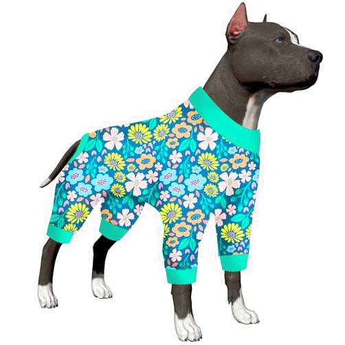 LovinPet Surgical Onesies for Dogs - Big Dog Clothes, Post Surgery Onesie, Lightweight Fabric Pitbull Dog Pullover Pajamas, Navy Wild Flowers Print, Puppy Pajamas, Full Coverage Dog PJ's, 3XL