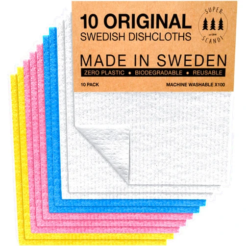 SUPERSCANDI Swedish Dishcloths for Kitchen 10 Pack of Assorted Colors Reusable Compostable Kitchen Cloth Made in Sweden Cellulose Sponge Dish Cloths for Washing Dishes