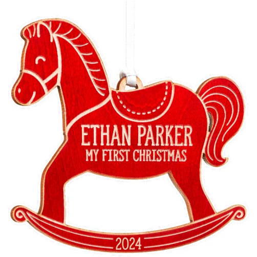 Personalization Universe My 1st Christmas Rocking Horse Baby Ornament, Customized First Christmas Ornament, Engraved with Baby's Name and Birth Year, Wood, Baby Boy or Baby Girl - Red Maple