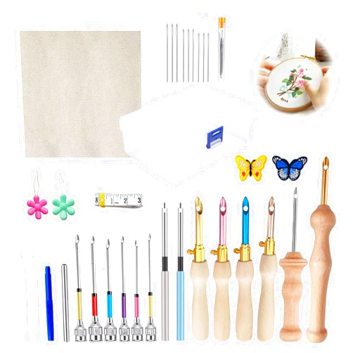 Mumisuto 35 Pcs Punch Needle Kit, Punch Needle Tool Adjustable Punch Needle Embroidery Kits, Wooden Handle Embroidery Pen Set, Sewing Art Needle Tool for Adult Beginners Cross Stitch DIY Craft