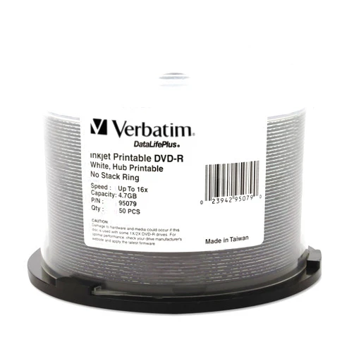 Verbatim DVD-R Blank Discs 4.7GB 16X DataLifePlus White Inkjet Printable Recordable Disc Hub Printable - 50pk Spindle 95079