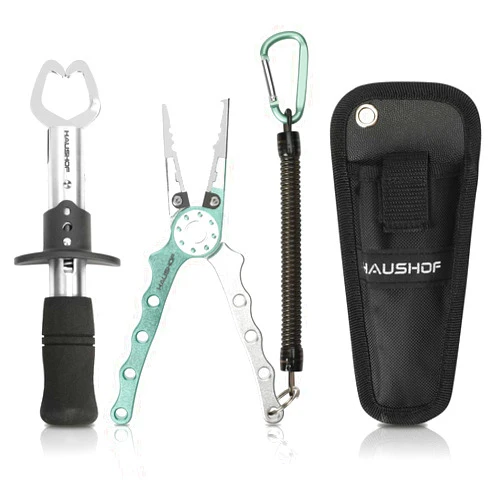 HAUSHOF Aluminum Fishing Pliers and Fish Lip Gripper, Stainless Steel Multi-Function Fishing Pliers Hook Remover with Tungsten Carbide Cutters, Coiled Lanyard and Sheath