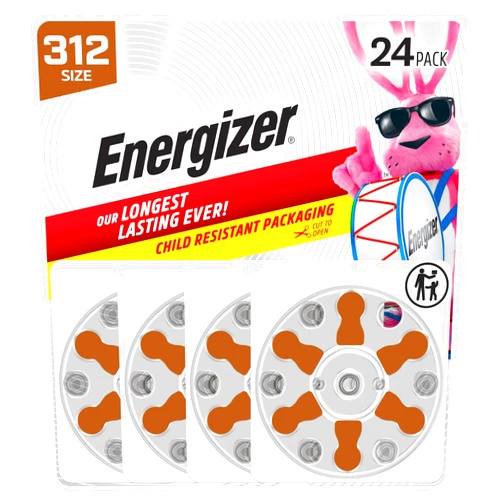 Energizer Hearing Aid Batteries Size 312, Brown Tab, 24 Pack