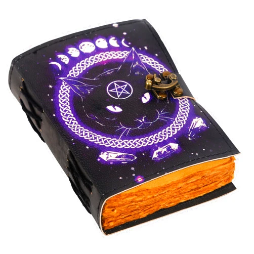 HANA EXPORTS Book of Spells Leather Journal Deckle Edge Paper magic Cat Goddess Printed Celestial Moon Journal witchy wiccan journal spiral Gothic Notebook Grimoire Journal for Men and Women