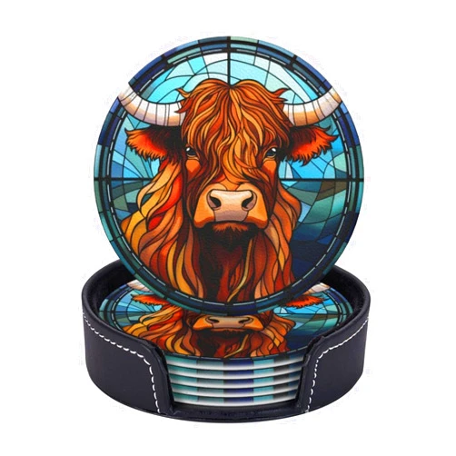TOMASLINK Highland Cow Drink Coaster Set of 6, Highland Cow Decor Gifts, Leather Drink Coasters with Holder, 6 Pack Cup/Bar/Drink Coasters for Table/Drinks/Coffee Protection Housewarming Gift