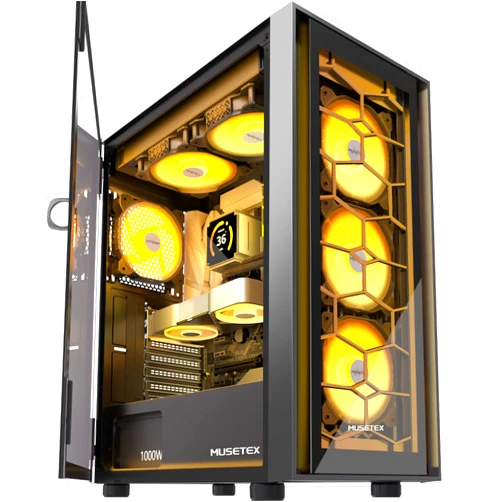 MUSETEX ATX PC Case, 6 PWM ARGB Fans Pre-Installed, Computer Case with Opening Tempered Glass Door, Mid Tower Gaming PC Case, USB 3.0 x 2, Black, G07