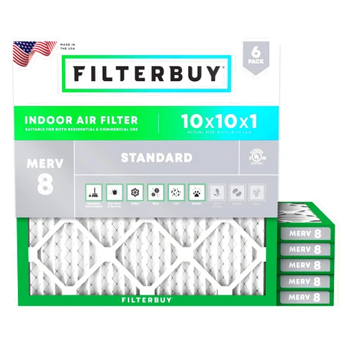 Filterbuy 10x10x1 Air Filter MERV 8 Dust Defense (6-Pack), Pleated HVAC AC Furnace Air Filters Replacement (Actual Size: 9.50 x 9.50 x 0.75 Inches)