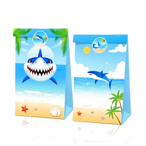 COSFAN 12 Pack Shark Party Favor Bags, Sea Ocean Themed Party Gift Bags, Cute Shark Favor Bags, Shark treat bags, Birthday Party Decoration Gift Bags with Shark Stickers