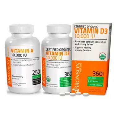 Bronson Store High Potency Vitamin D3 10,000 IU Certified Organic Vitamin D Supplement + Vitamin A 10,000 IU Premium Non-GMO Formula