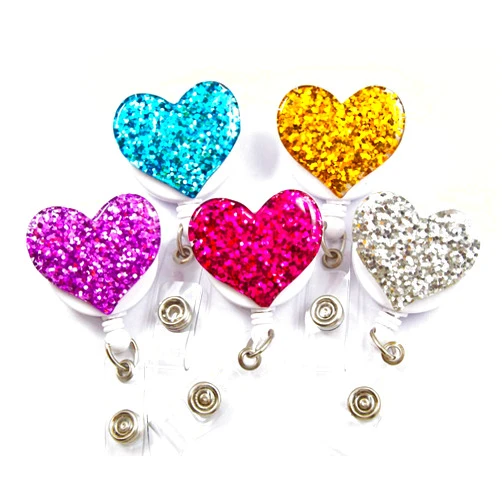 Ascrafter Bling Heart Badge Holder for Women, 5 Pack Glitter Love Heart Retractable Badge Reel Clip on ID Name Card, Colorful ID Badge Clip for ID Tag Nurse Accessories for Work