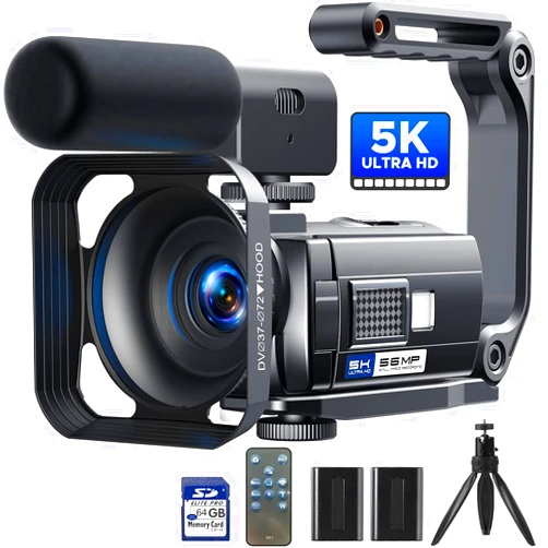 CAMWORLD Camcorder Video Camera, 5K 56MP Vlogging Camera YouTube WiFi Night Vision 3” 270° Rotatable Touchscreen Podcast Camera Recorder with 64GB SD Card, Microphone, Stabilizer, Remote, 2 Batteries, Tripod