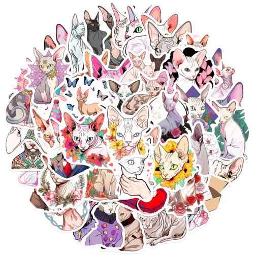 MAQIYI 50Pcs Cute Sphynx Cat Stickers Vinyl Hairless Kitty Animal Decals for Laptops,Water Bottles,Scrapbook, Hydro Flask, Computer, Phone for Teens Kids Adults Gift (Sphynx Cat)