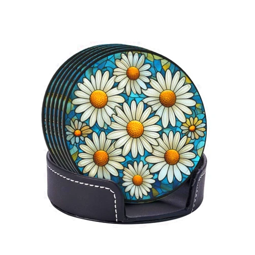 TOMASLINK Daisy Coasters for Drinks,Daisy Decor Bar Drink Coasters for Coffee Table,Leather Cup Coasters Set of 6 with Holder for Wooden Table,Housewarming Bar Coasters Gifts