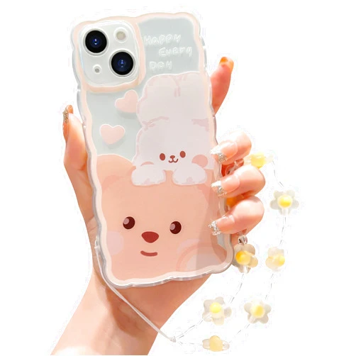 ZSYTZL Compatible with iPhone 13 Case Cute Cartoon Little Bear Rabbit Pattern with Cute Chain Design for Women Girls Aesthetic Kawaii Slim Soft TPU Transparent Case for iPhone 13-Bear Rabbit