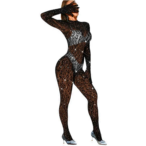 EHSUYAB Women Sexy Lace Jumpsuit, Leopard Fishnet Bodysuit Dancer Glow Rave Outfits, One Piece Mesh Full Rhinestone Lingerie