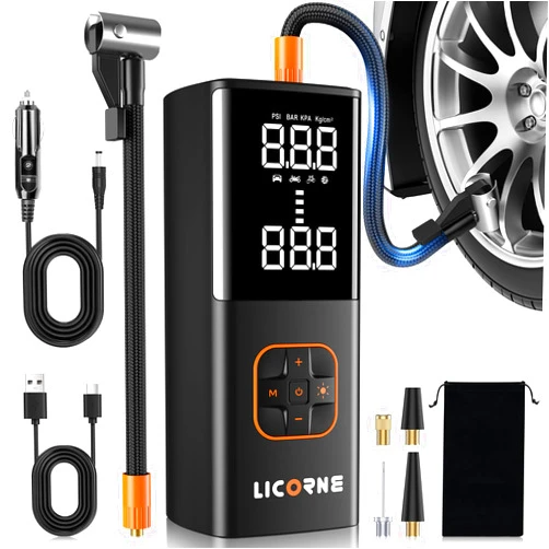 LICORNE Tire Inflator Portable Air Compressor, 5X Faster Portable Air Pump for Car Tires with 20000mAh Battery, 180PSI Cordless Air Pump with Digital Pressure Gauge for Cars, Bike & Motorcycle Tires, Ball