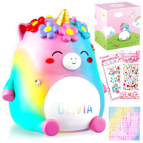 VEEWYREE Unicorn Piggy Bank Girls – Cute Rainbow Kids Piggy Bank for Girls, Personalized Unbreakable Resin Coin Money Bank for Kids with Stickers for Toddlers