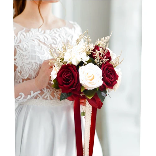 YSOJMAN Bride Bouquets for Wedding Burgundy Artificial Flowers Roses Tossing Bouquet for Bridesmaid for Wedding Ceremony Anniversary