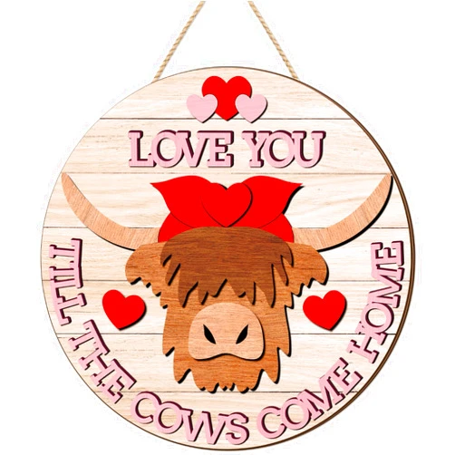 GlikCeil Valentine's Day Cow Decor Valentines Day Highland Cow Wooden Signs 11.8 Inch Cute Farmhouse Door Hanging Signs Wall Decor for Porch Door Holiday Decor Gifts