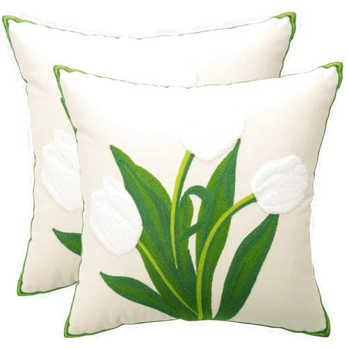 Tosleo Embroidery Throw Pillow Covers 18x18 inch Pack of 2 White Tulip Flower Pillowcases Spring Pillow Covers for Couch Cotton Canvas Cushion Cover Square Farmhouse Floral Decor Pillow Case