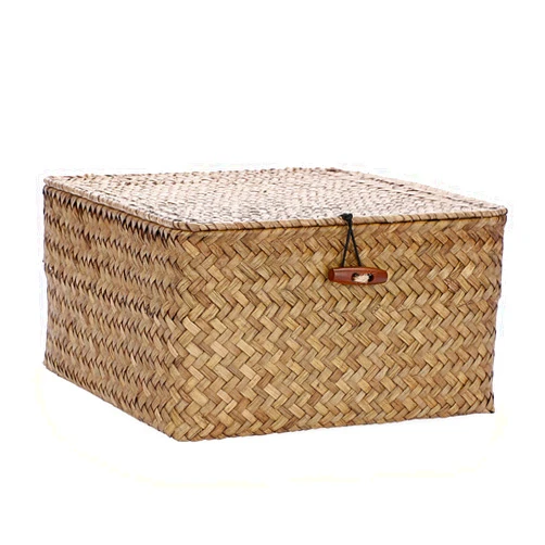 Hipiwe Wicker Shelf Baskets Bin with Lid Handwoven Seagrass Storage Basket Container Square Multipurpose Household Basket Boxes for Shelves and Home Organizer, Coffee Medium